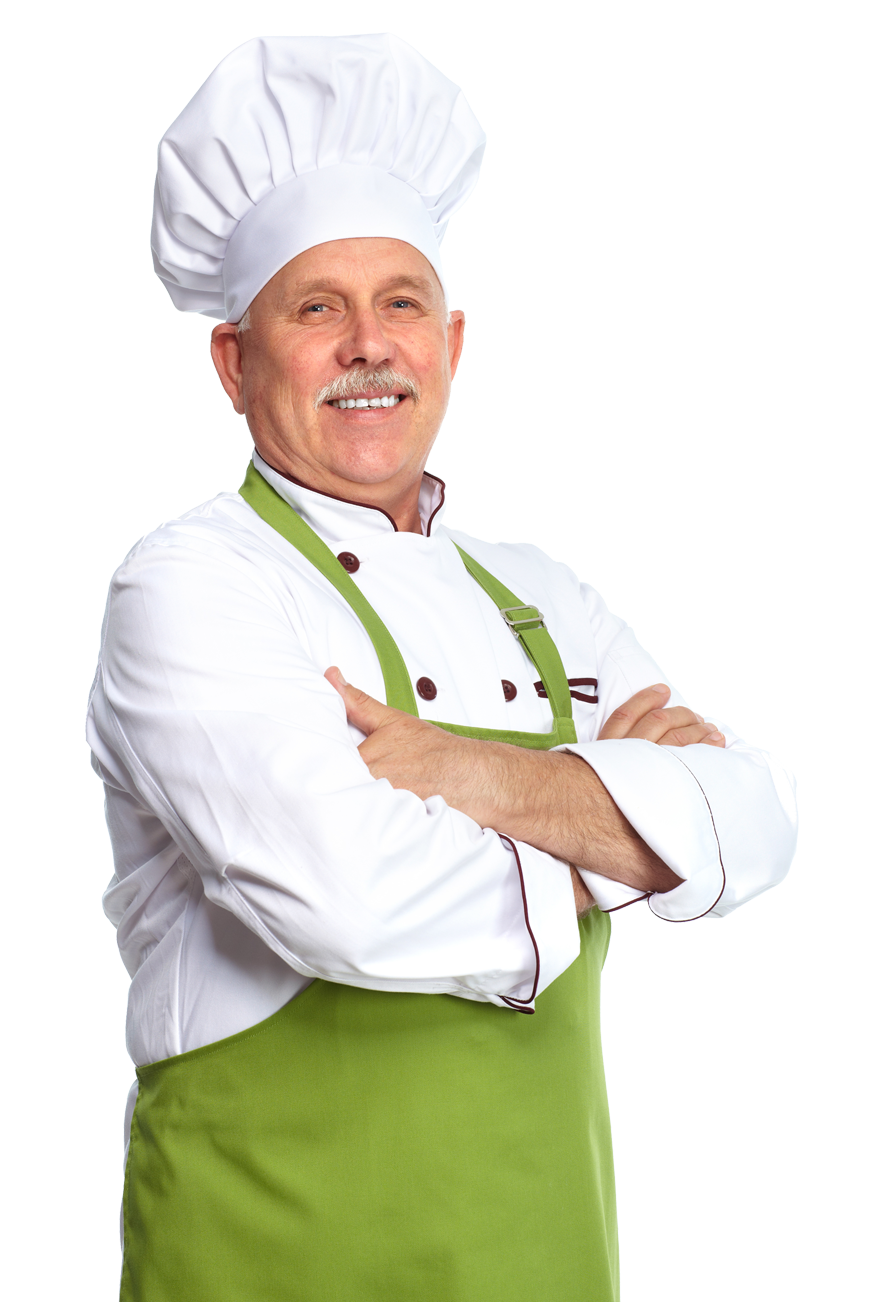 Imagem de um chefe de cozinha em pé, sorrindo e com os braços cruzados.